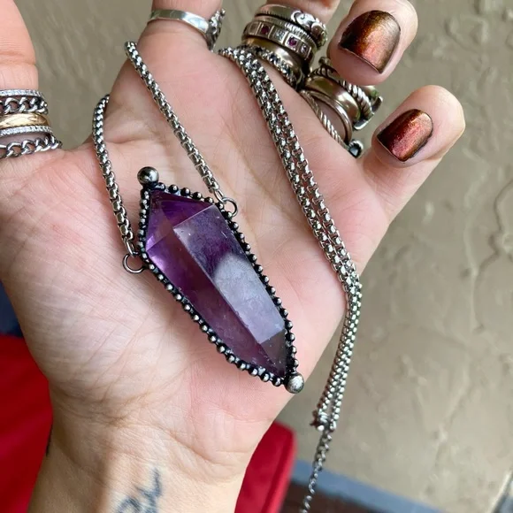 Natural purple amethyst crystal gemstone boho goth moon charm - Picture 7 of 16